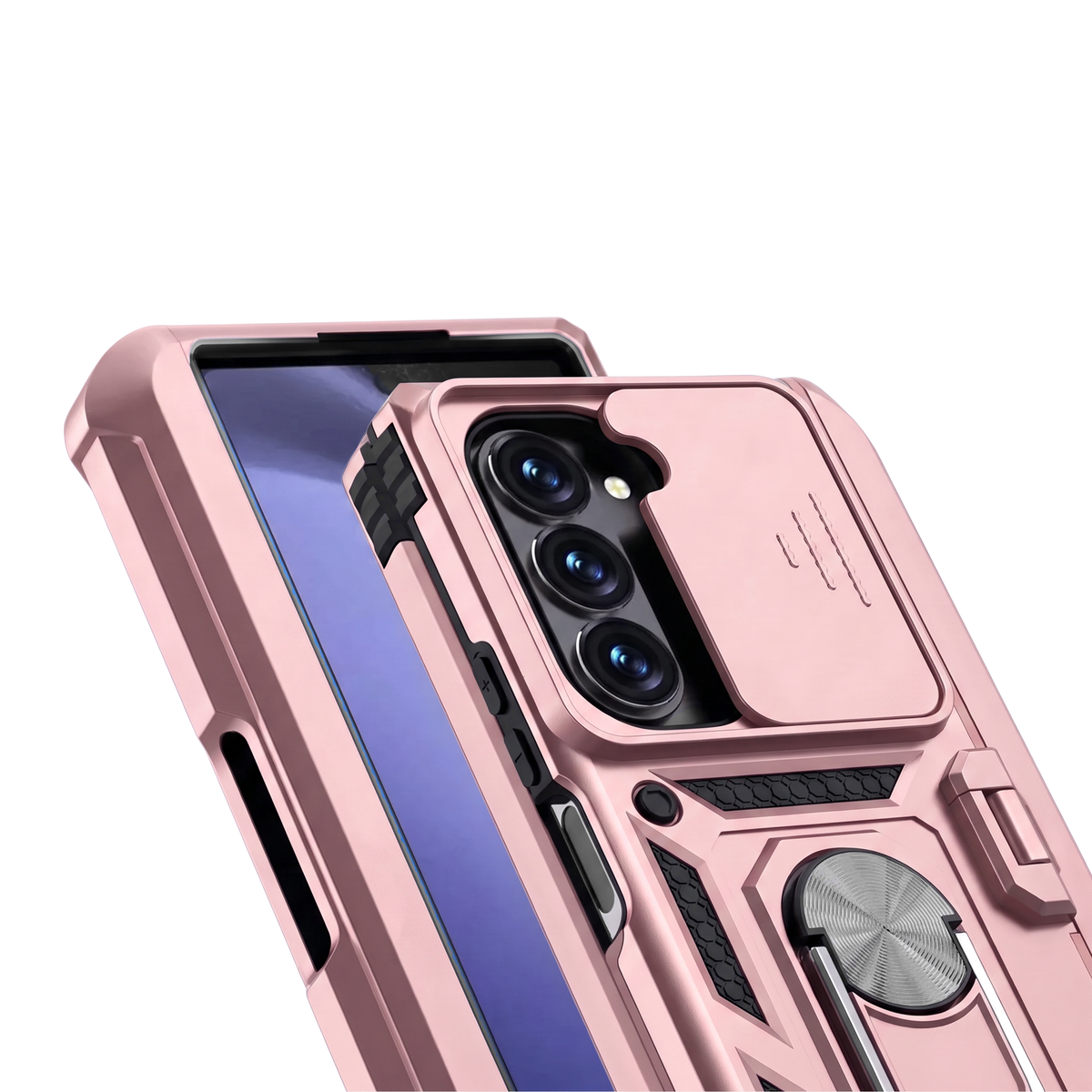 Sentinel H1 Galaxy Z Fold case in Rose - close-up of camera cover and rotating ring
