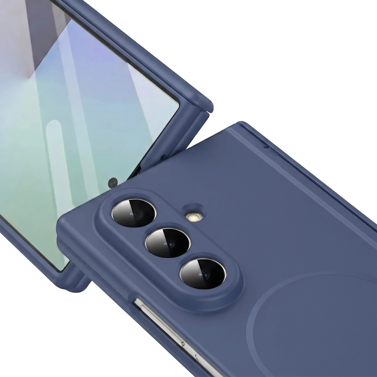 Spineguard P1 in Deep Blue close-up showing CNC metal camera lens rings and MagSafe ring on Samsung Galaxy Z Fold