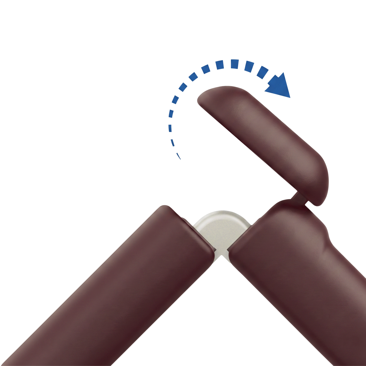 Spineguard P1 in Royal Burgundy - close-up of the reinforced hinge joint showing the flip-open rotation of the case arm