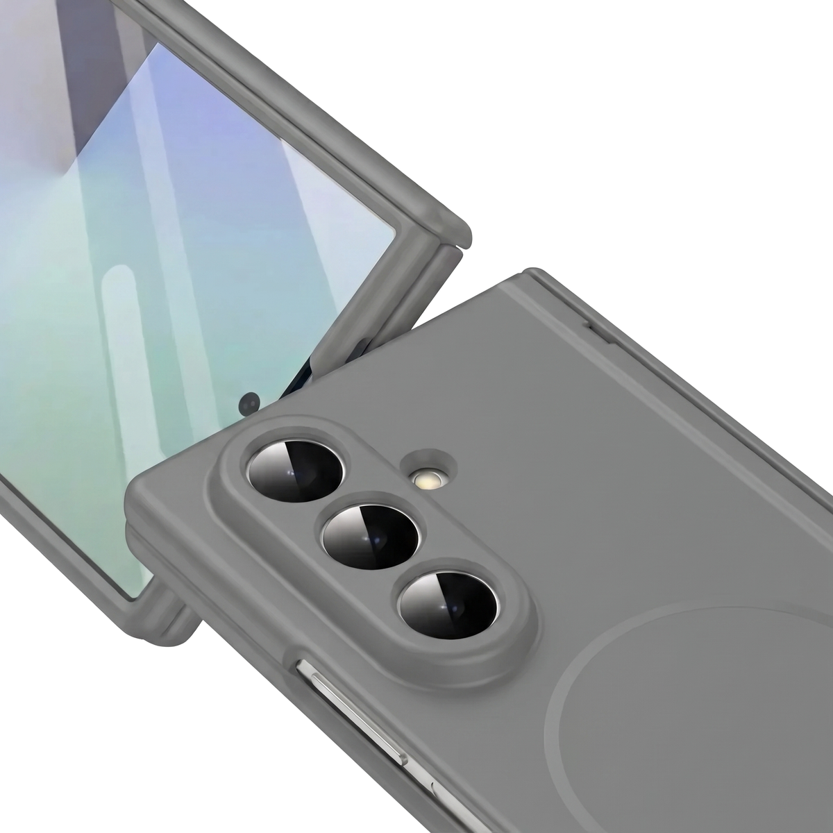 Spineguard P1 in Modern Gray close-up showing CNC metal camera lens rings and MagSafe ring on Samsung Galaxy Z Fold