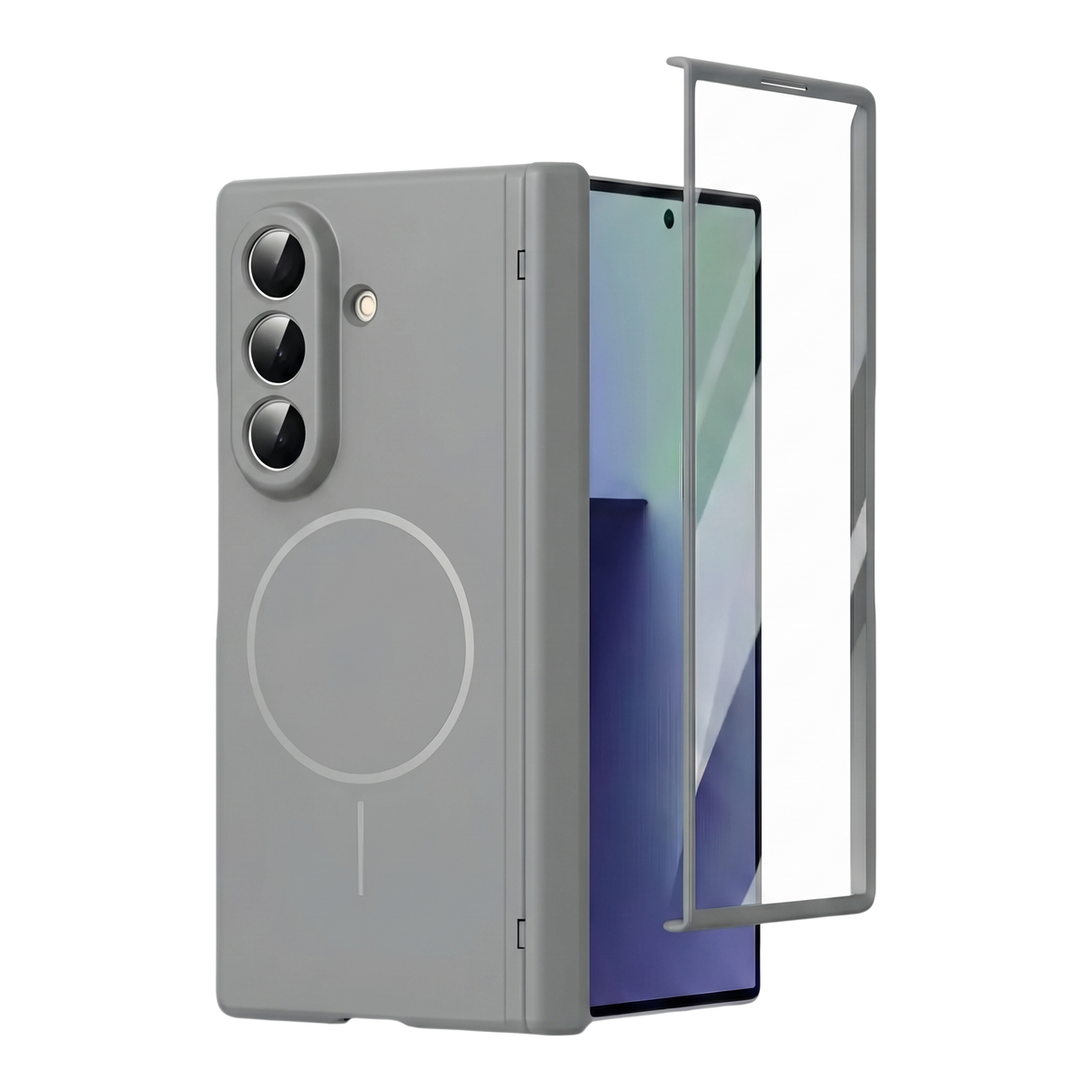 Spineguard P1 in Modern Gray on a closed Samsung Galaxy Z Fold with the cover-screen tempered glass protector alongside