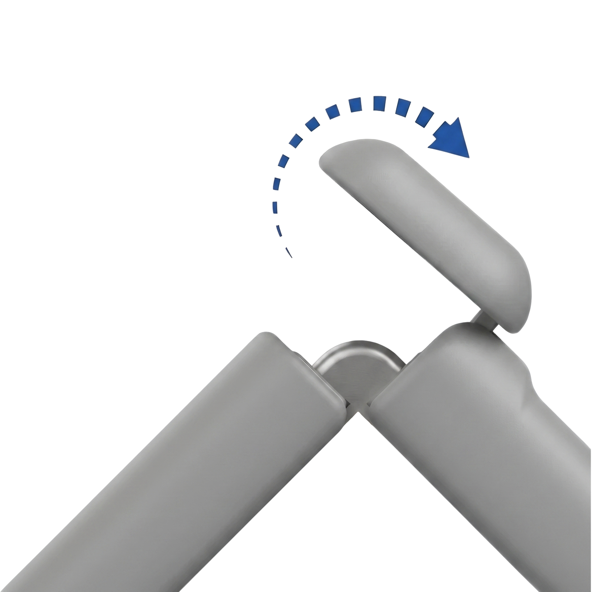 Spineguard P1 in Modern Gray - close-up of the reinforced hinge joint showing the flip-open rotation of the case arm