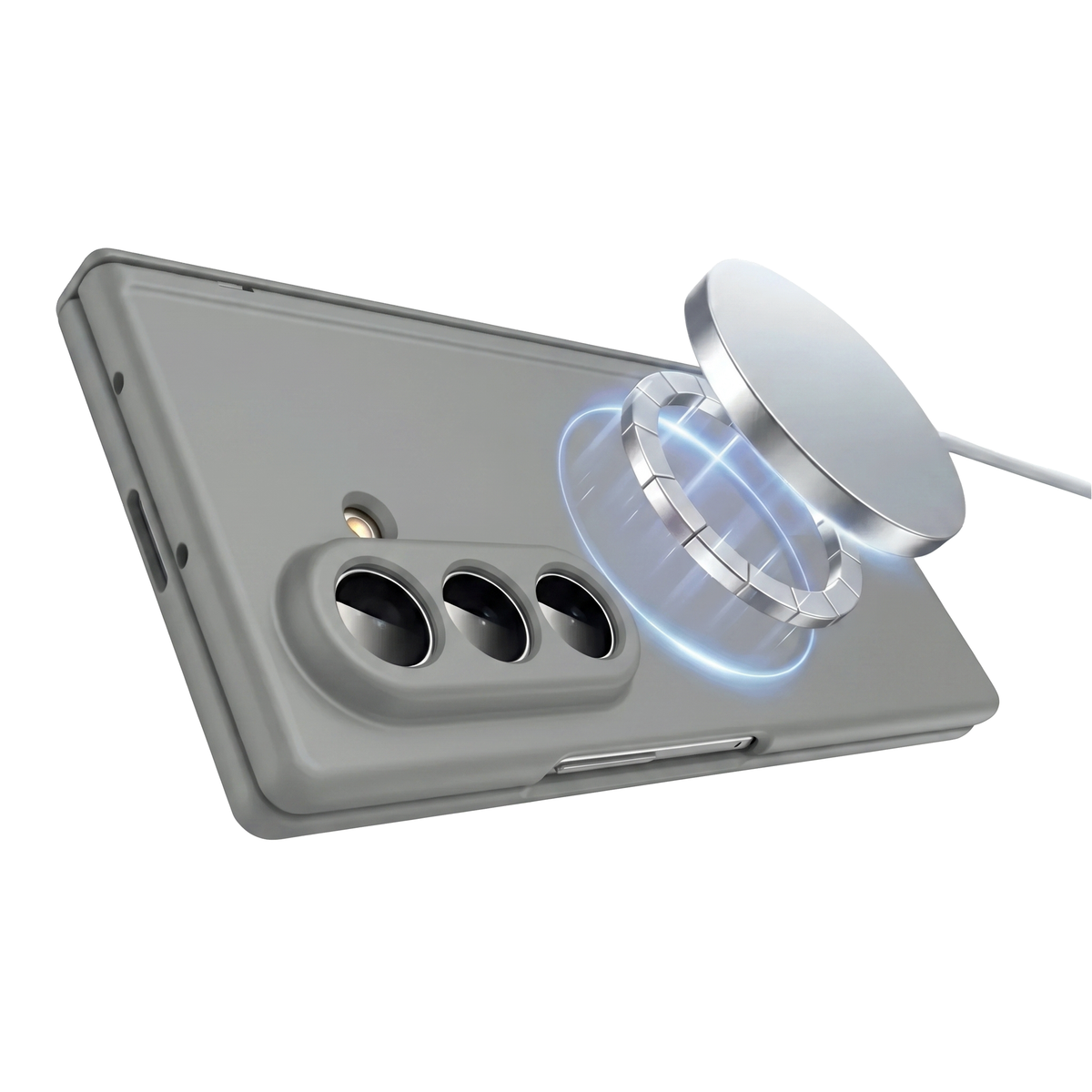 Spineguard P1 in Modern Gray with a MagSafe charger snapping onto the built-in magnet ring on a Samsung Galaxy Z Fold