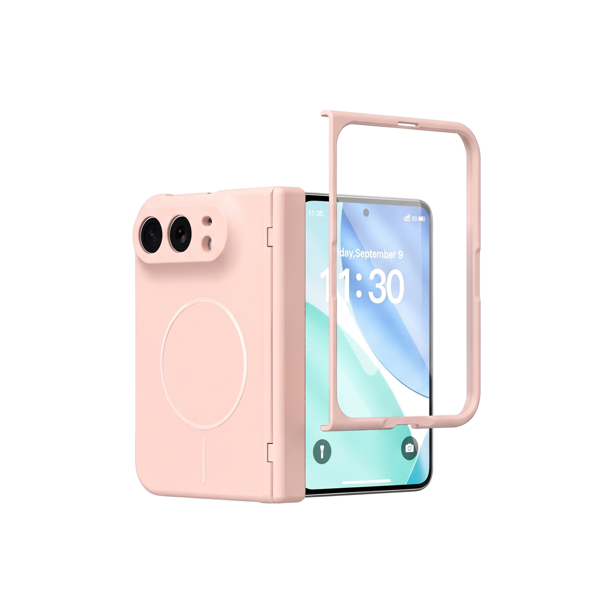 Spineguard P1 iPhone Fold case in Pink - folded case beside the open case showing the cover screen
