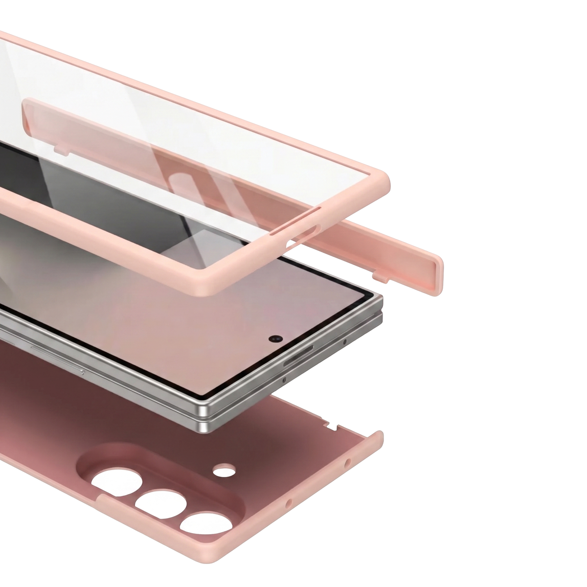 Spineguard P1 in Soft Pink shown as exploded assembly with screen protector, Galaxy Z Fold phone and rear case shell