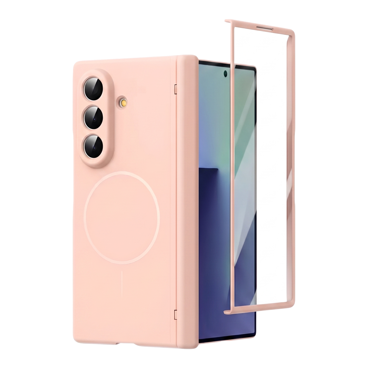 Spineguard P1 in Soft Pink on a closed Samsung Galaxy Z Fold with the cover-screen tempered glass protector alongside