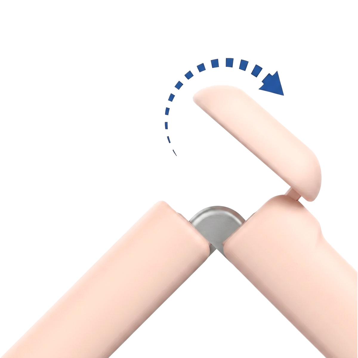 Spineguard P1 in Soft Pink - close-up of the reinforced hinge joint showing the flip-open rotation of the case arm