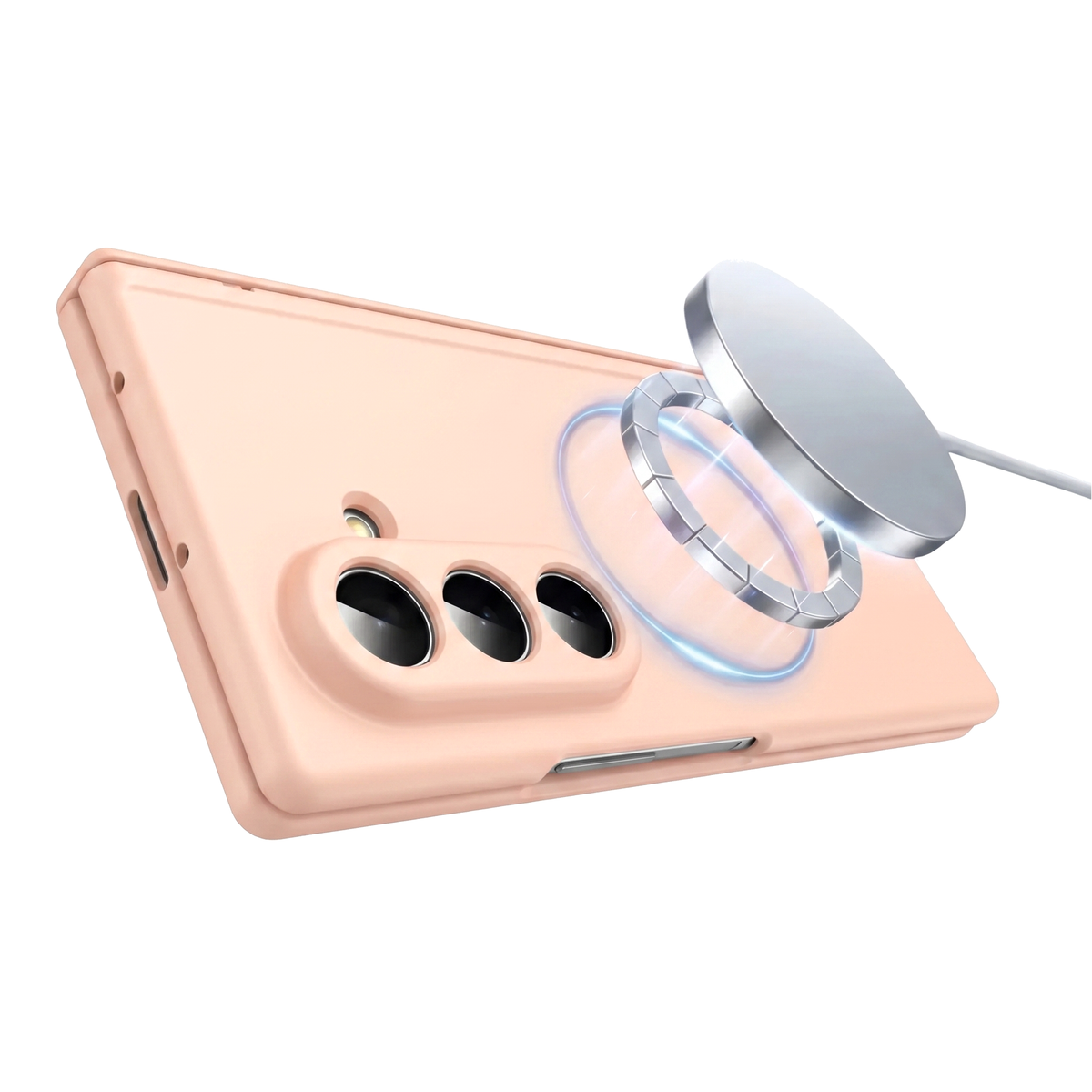 Spineguard P1 in Soft Pink with a MagSafe charger snapping onto the built-in magnet ring on a Samsung Galaxy Z Fold