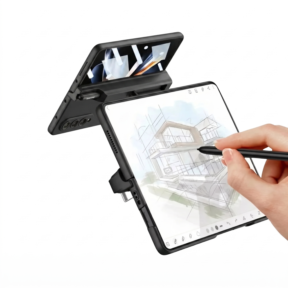 Sync M1 Galaxy Z Fold case in Black held open while sketching on the screen with the S-Pen