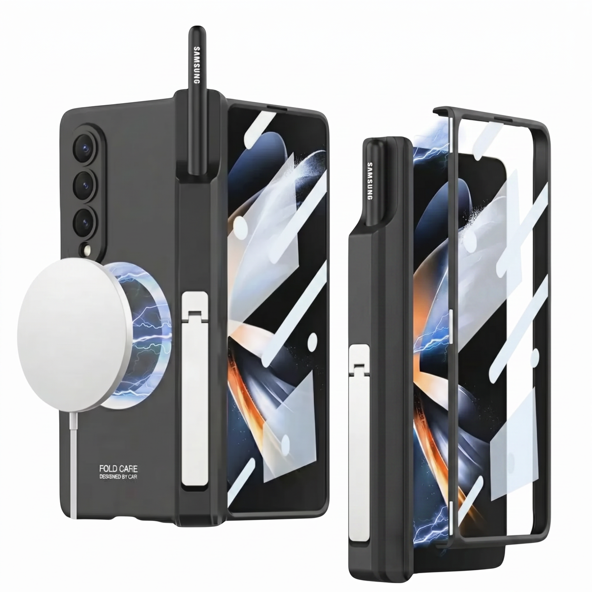 Sync M1 Galaxy Z Fold case in Black charging wirelessly through the case with a MagSafe puck