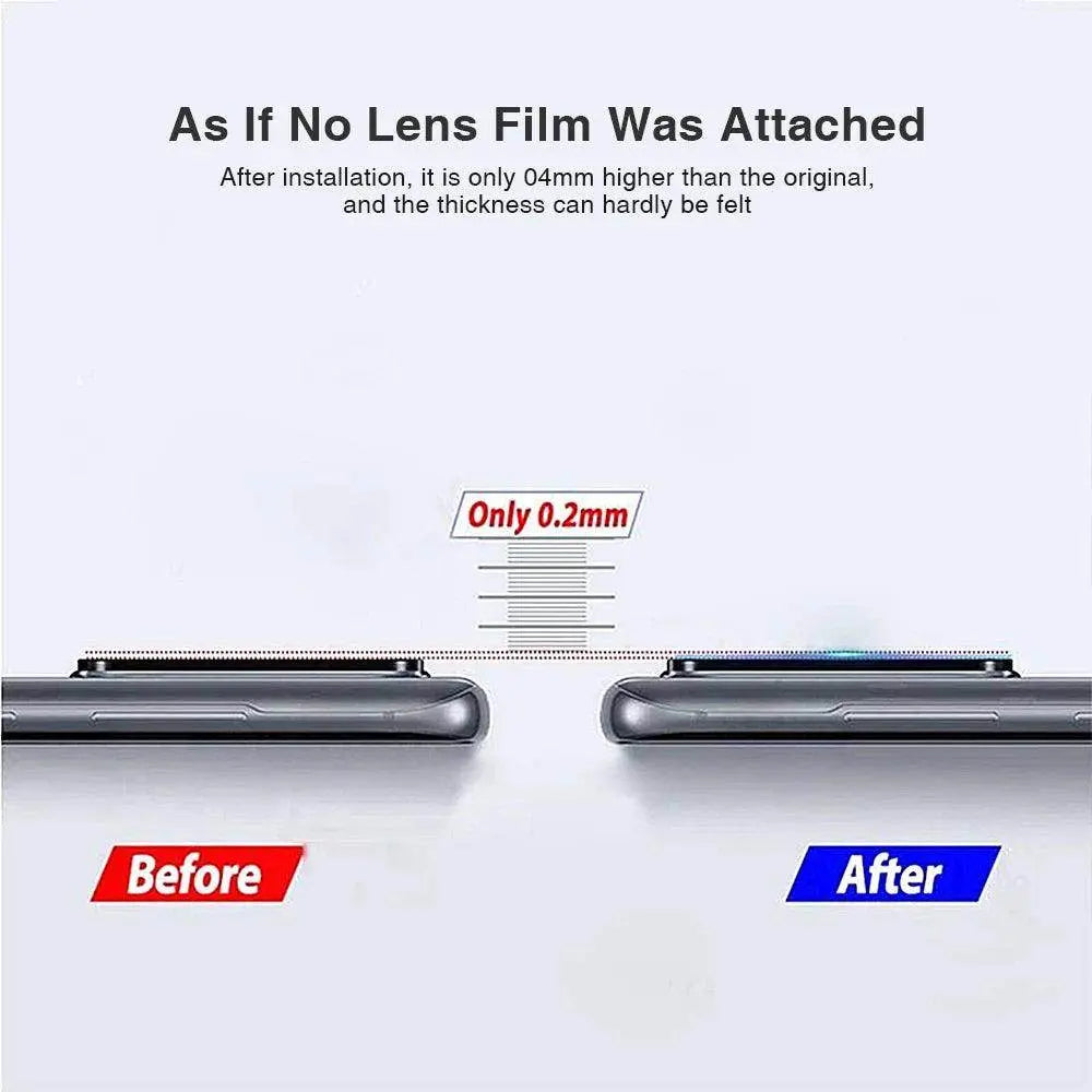 Side view comparison of smartphone camera lens before and after 0.2mm thin lens film installation