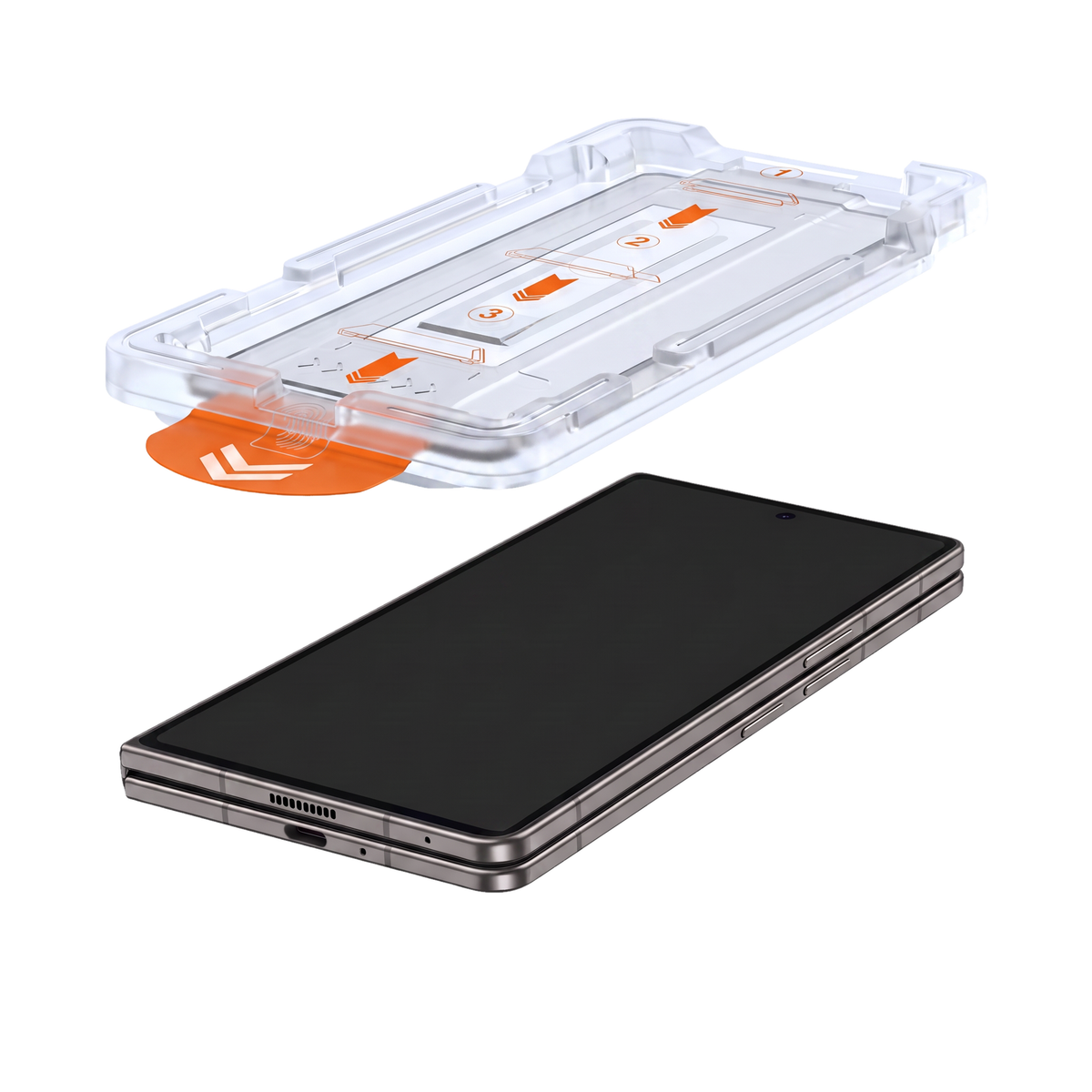 Ion Glass auto-alignment applicator tray positioned above the Galaxy Z Fold cover display for a perfectly aligned, foolproof installation