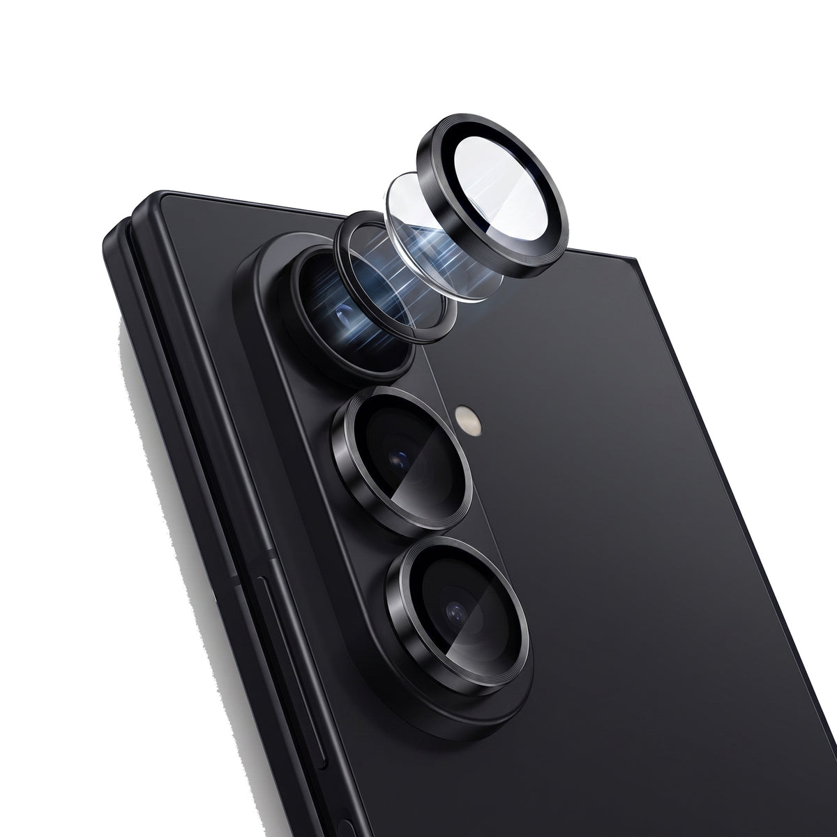 Z Fold tempered glass camera lens protector rings aligning with the Galaxy Z Fold camera module on a white background